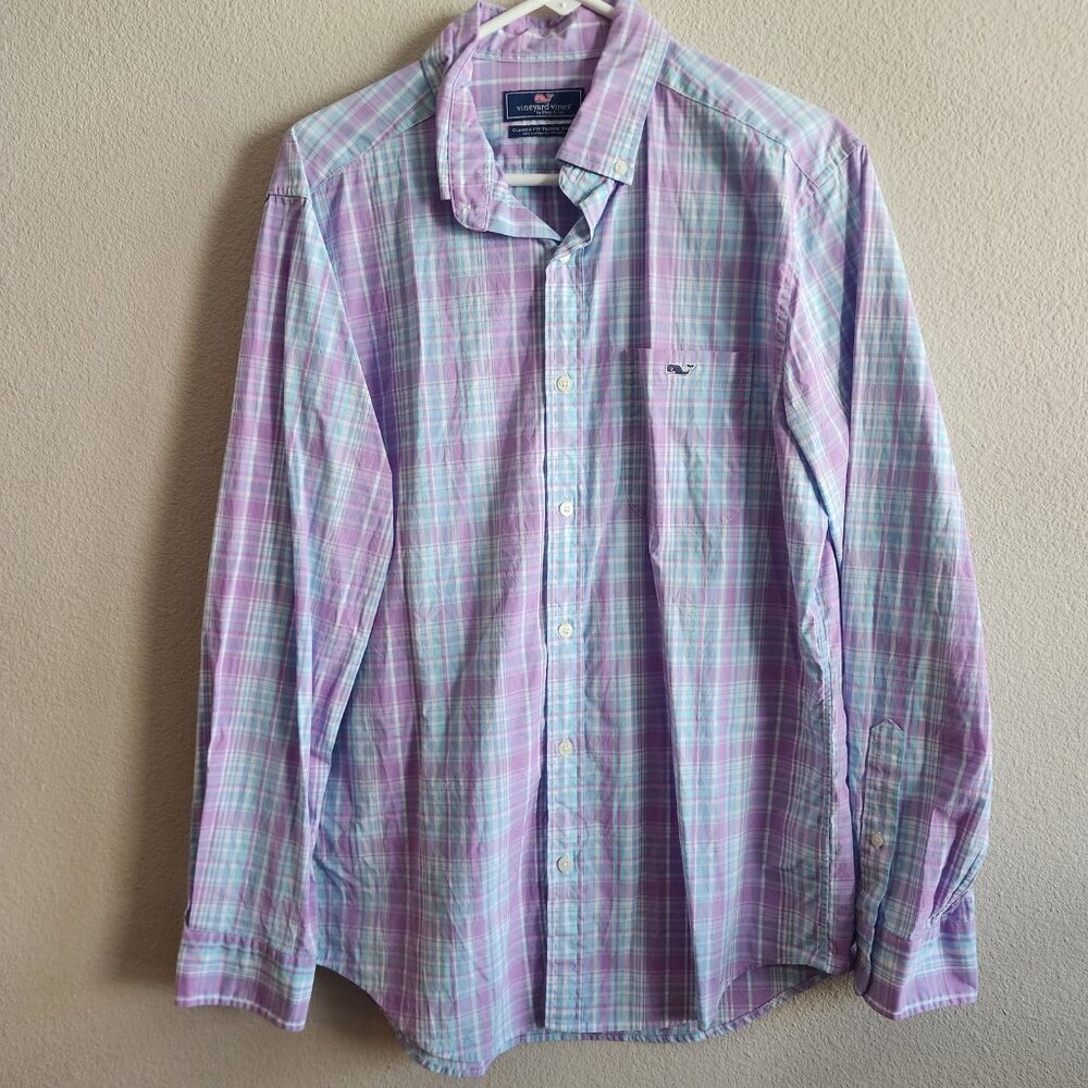 Vineyard Vines Shirt Mens Medium Purple Blue Plaid Classic Fit Tucker Whale Logo